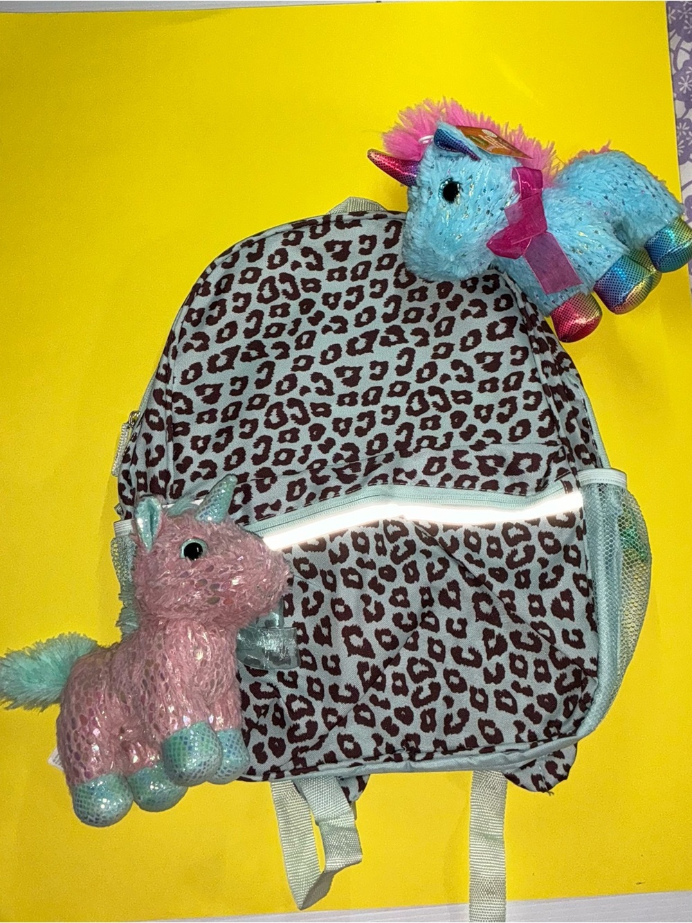 Kids Leopard Print Backpack with Pink & Blue Unicorn Plush Fun